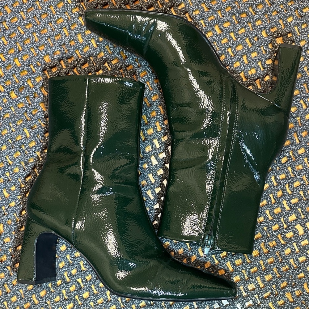Zara Glossy Green Square Heeled Ankle Boots - Picture 3 of 10